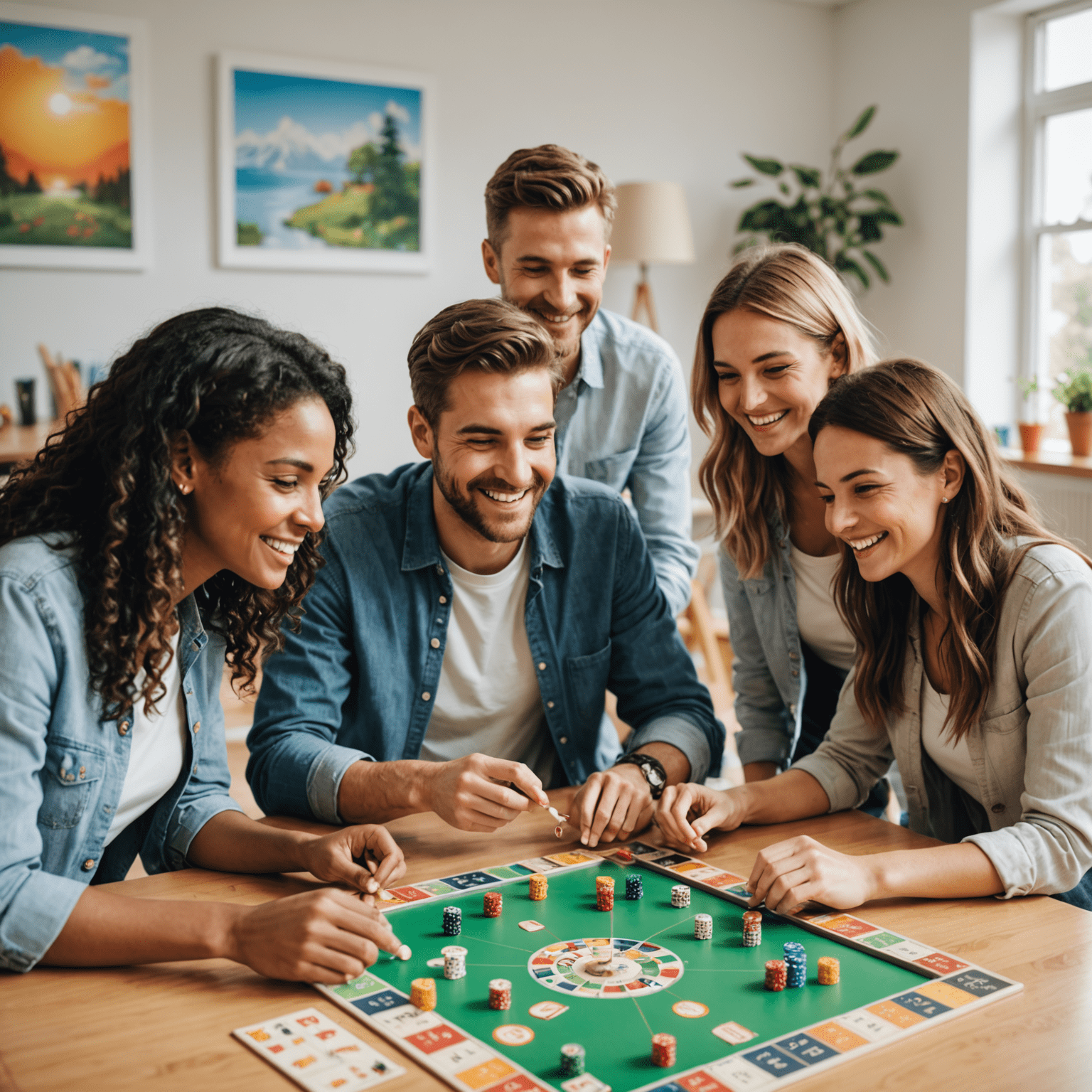 Un gruppo di persone che giocano a un gioco da tavolo educativo, concentrati e sorridenti, in un ambiente moderno e luminoso