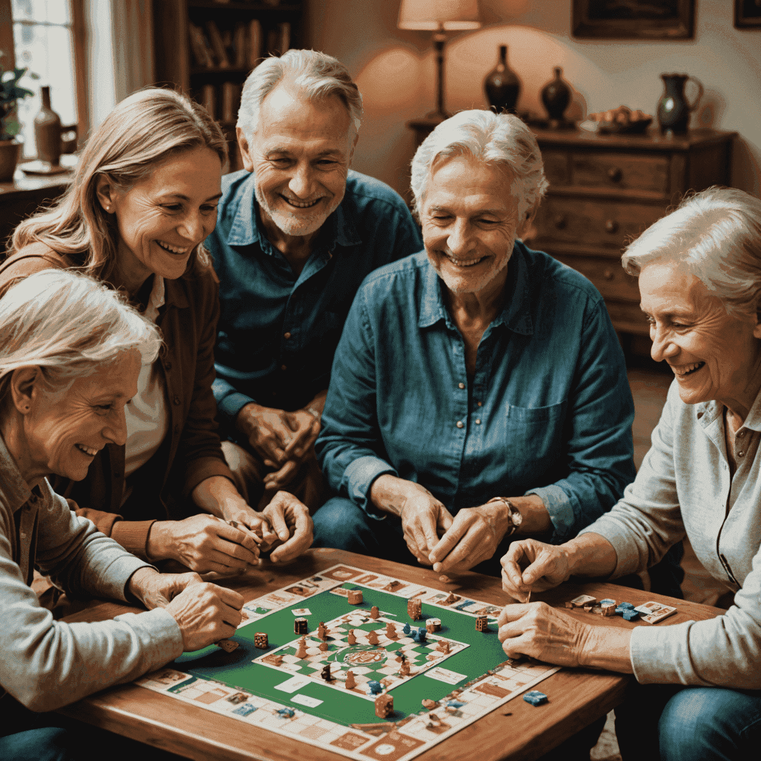 Immagine di un gruppo di persone di diverse età che giocano insieme a un gioco da tavolo Plinkozona, sorridenti e concentrati