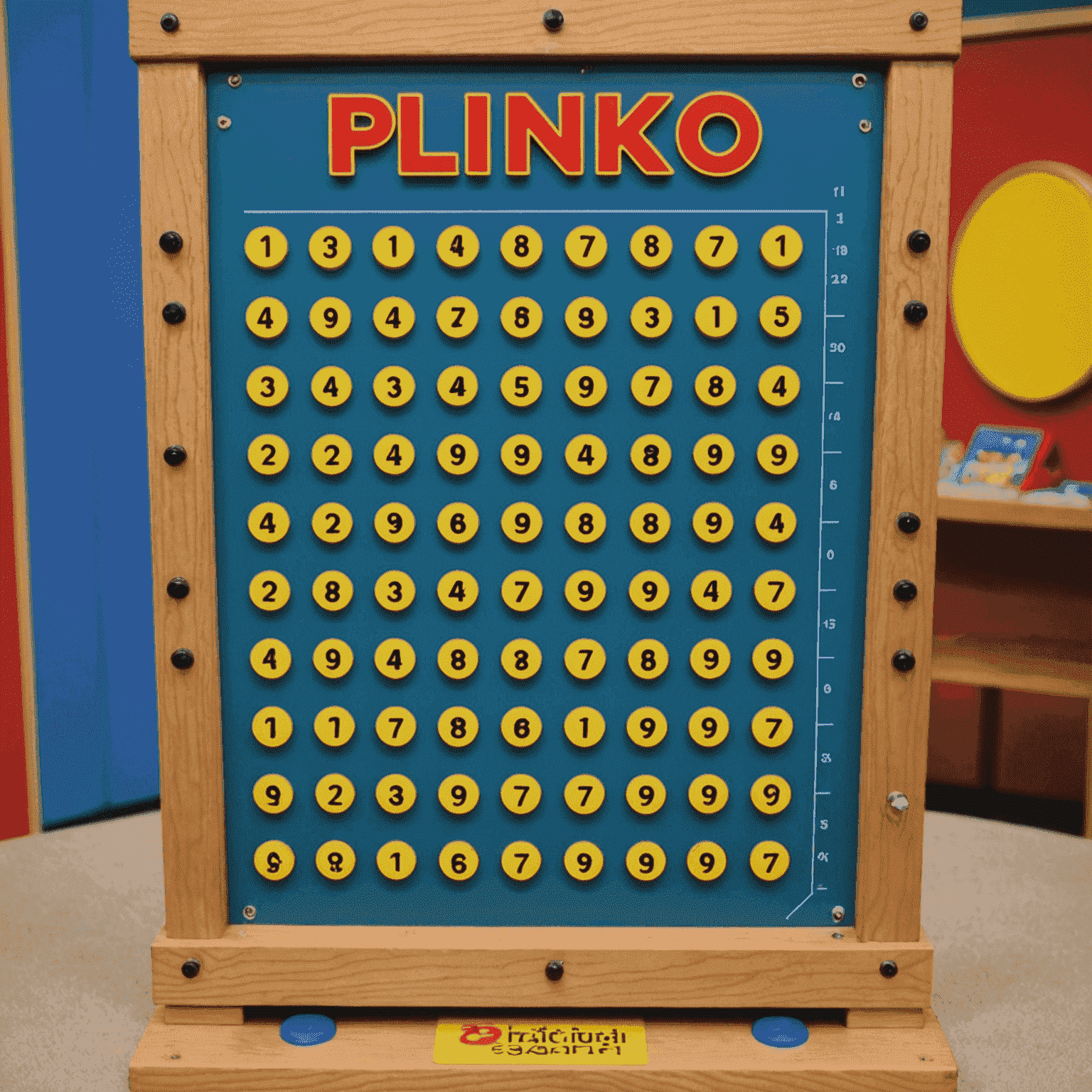 Un'immagine del gioco Plinko originale del 1983 nel programma televisivo 'The Price is Right'. Si vede una grande tavola verticale con pioli e slot numerati in basso.