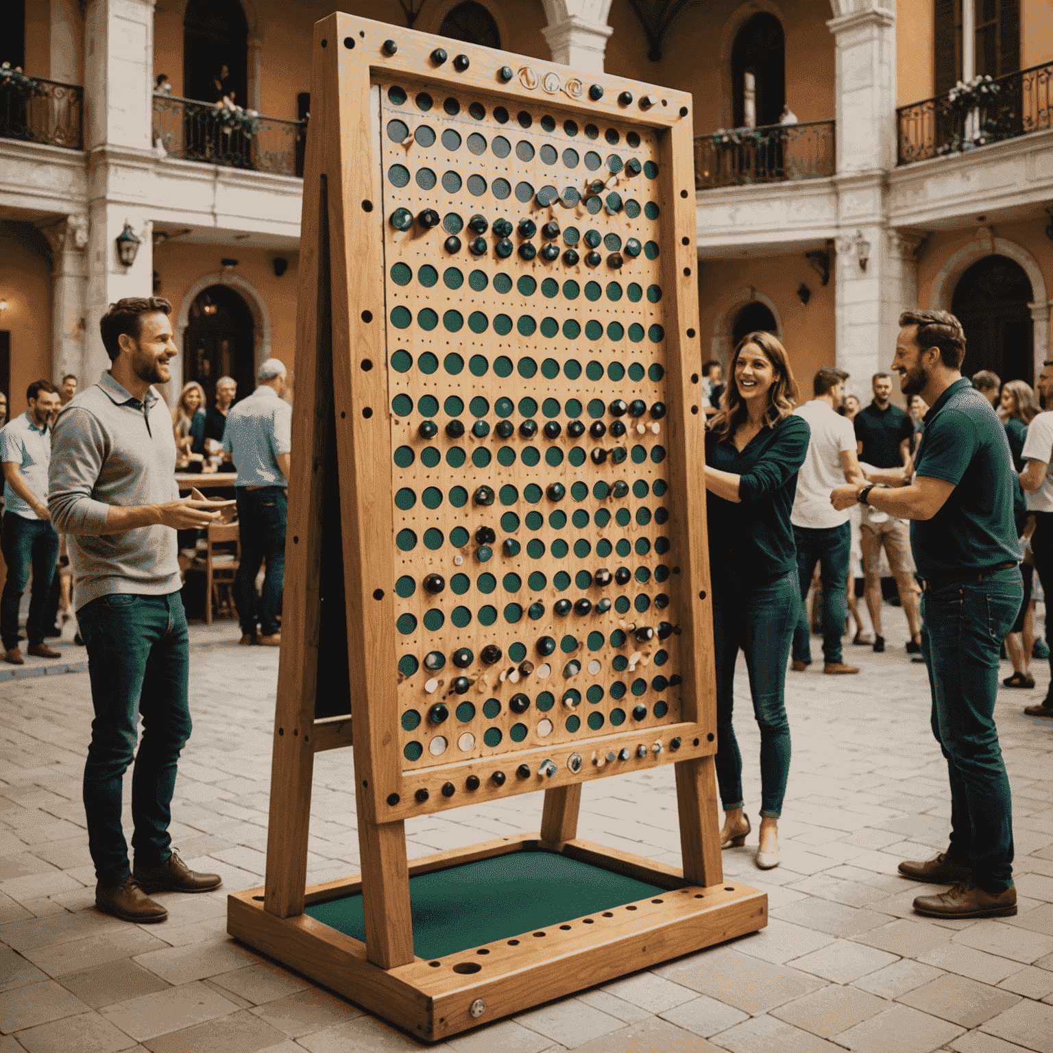 Un grande tabellone di Plinko con giocatori entusiasti che partecipano a un torneo in una lussuosa location italiana