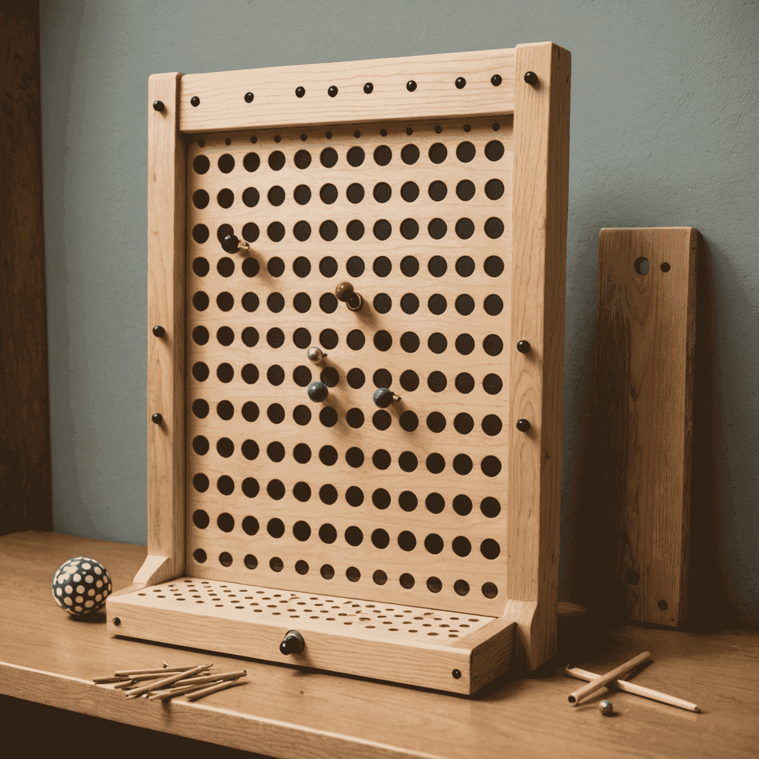Un tabellone Plinko fatto in casa con chiodi, legno e una pallina che scende tra i pioli