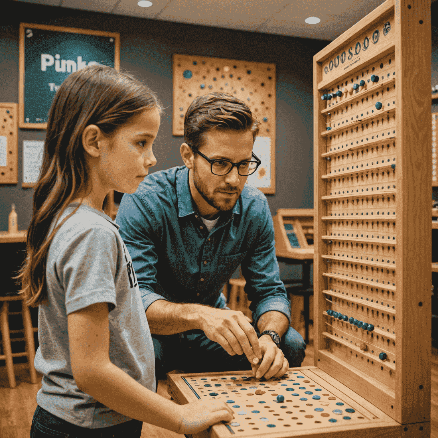 Un bambino e un adulto che giocano insieme a Plinko, concentrati sul tabellone mentre analizzano le possibili traiettorie delle pedine