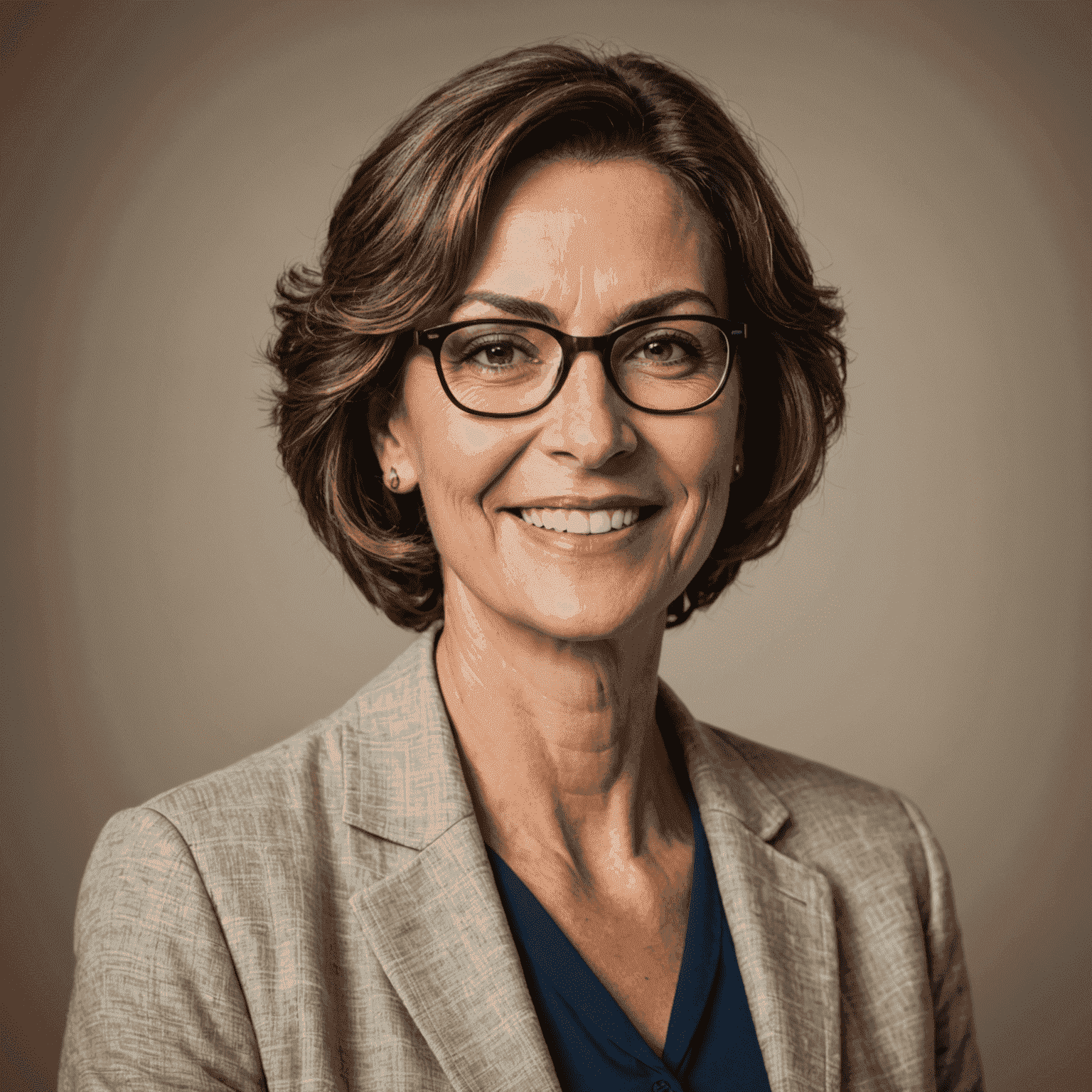 Ritratto di Giulia Bianchi, una donna di mezza età con occhiali e un sorriso accogliente, in un ambiente professionale