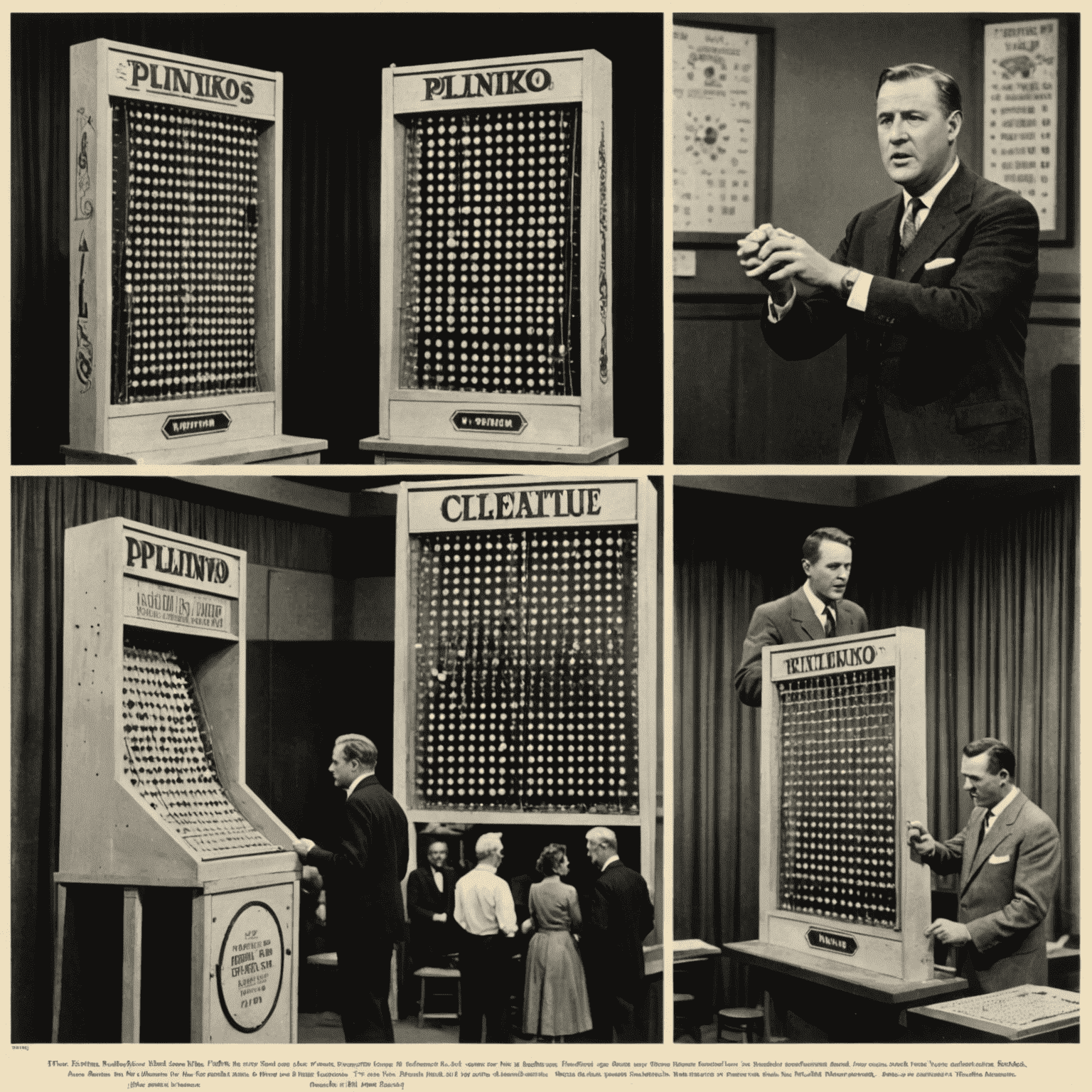 Collage di immagini storiche del gioco Plinko, dai primi game show alle versioni moderne