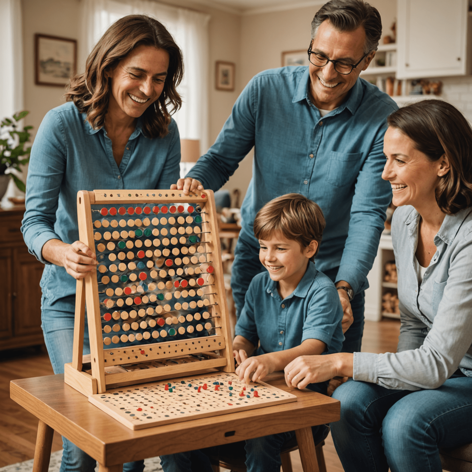 Una famiglia italiana che gioca a una versione da tavolo del Plinko in salotto. Si vede un tabellone Plinko in miniatura e i membri della famiglia che sorridono mentre giocano.