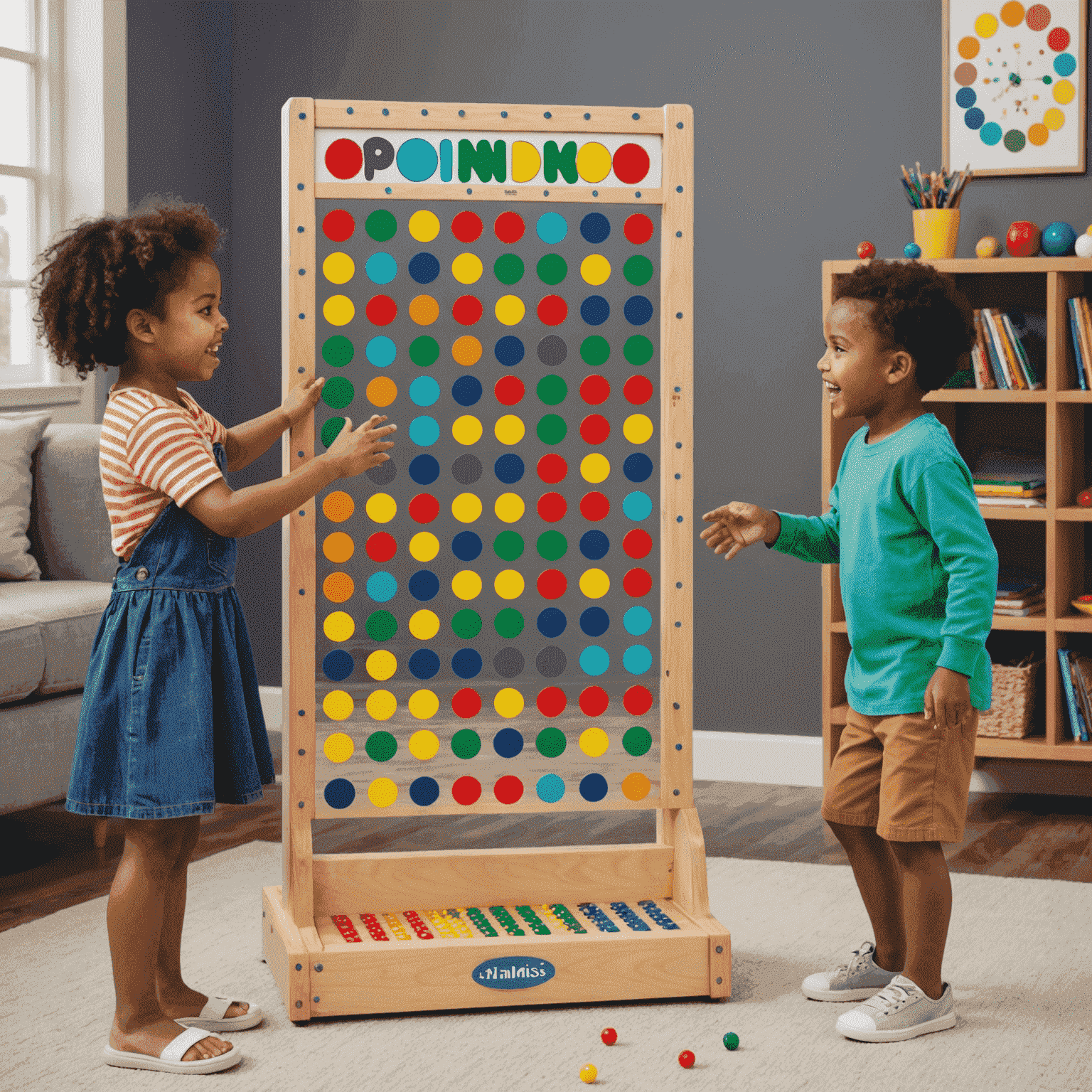Un gruppo di bambini che giocano entusiasti con una versione colorata e sicura di Plinko, discutendo animatamente sulle strategie da adottare