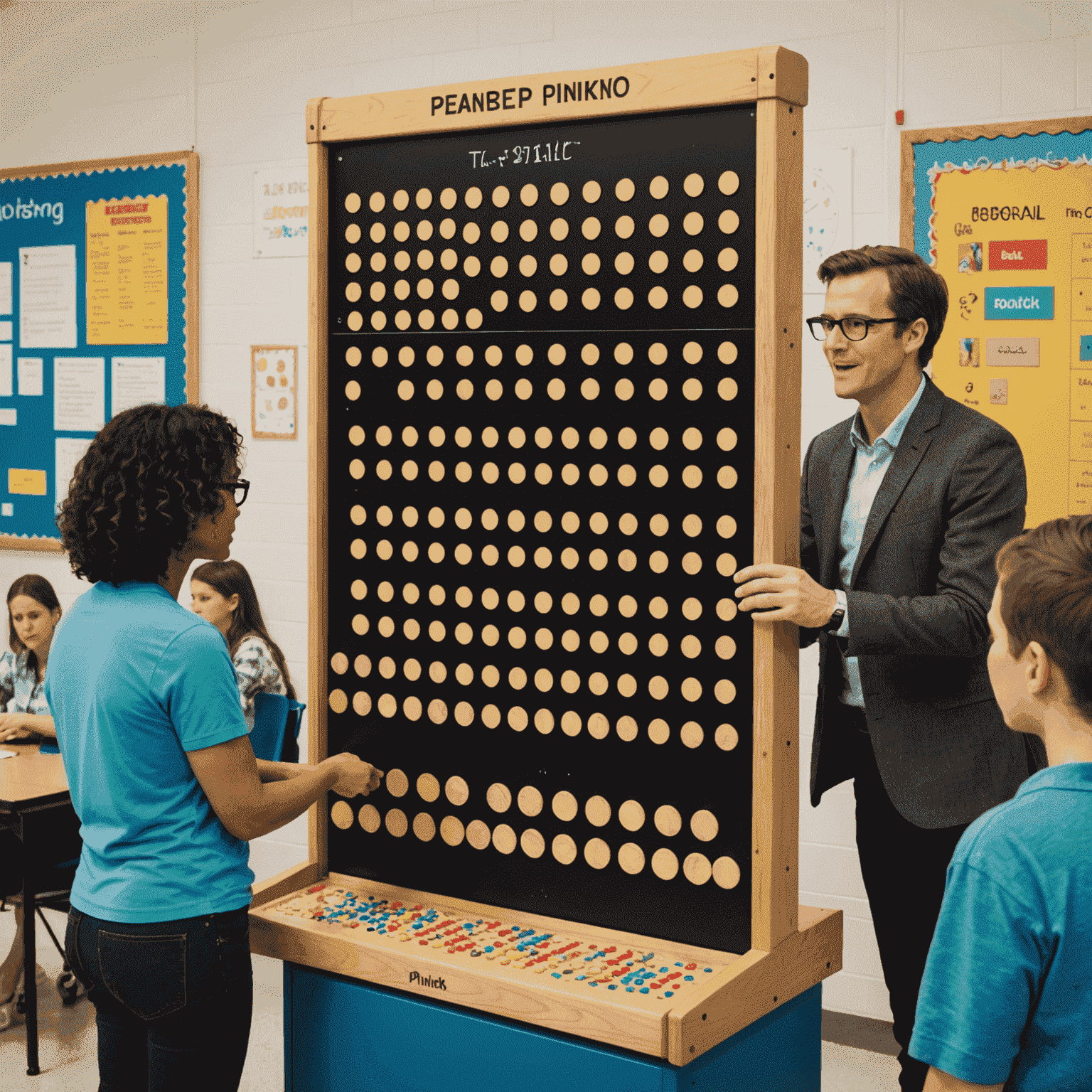Un insegnante che utilizza una grande versione di Plinko per spiegare concetti di probabilità a una classe attenta e partecipativa