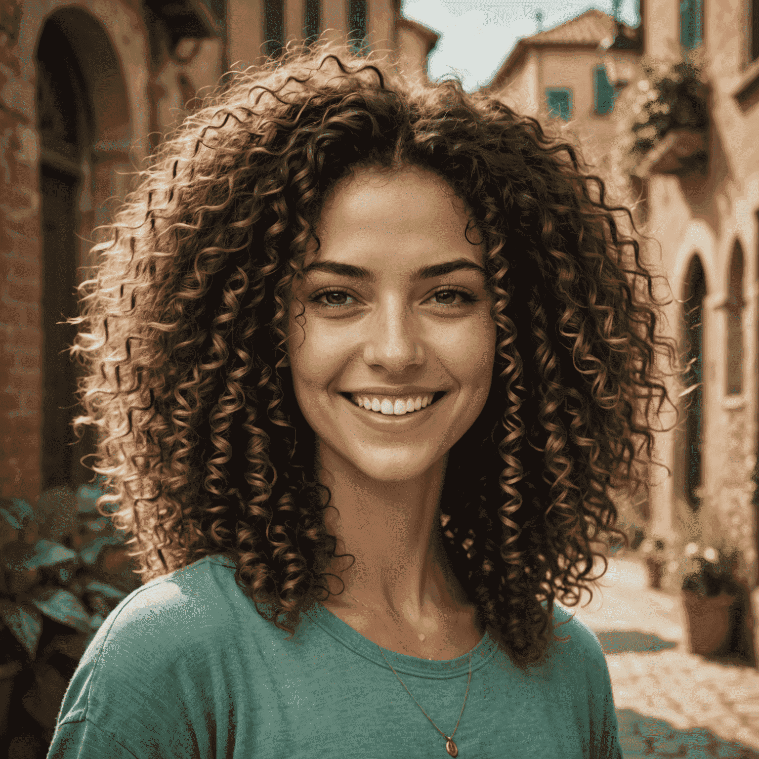 Ritratto di Laura Verdi, una donna giovane con capelli ricci e un sorriso energico, in un ambiente creativo